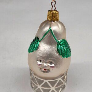 Inge Glas Anthropomorphic Pear German Glass Christmas Ornament Silver 3"